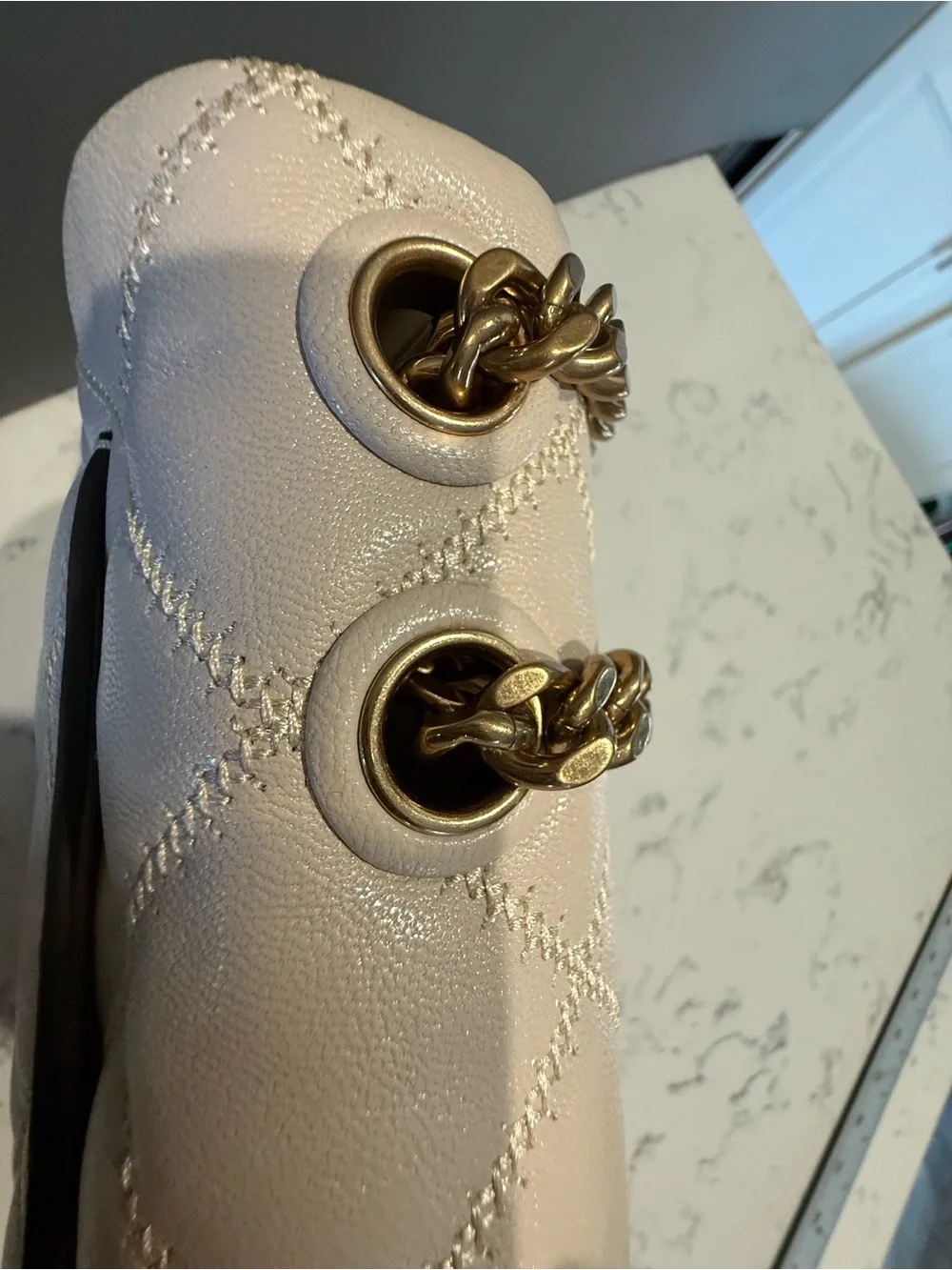 Tory Burch Cream Quilted Chain Crossbody Bag with Gold Hardware